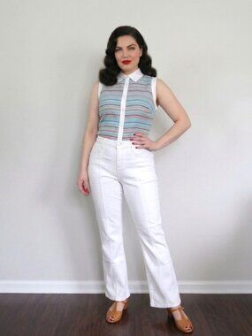 Unique Vintage 1950's Style Button Front Stripe Sleeveless Summer Top
